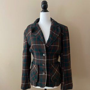 Vintage Plaid Blazer Brown with Red, White Green Stripes Fitted